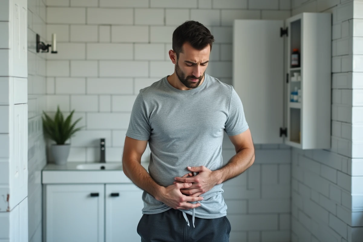 Homme regardant son abdomen avec inquiétude dans une salle de bain moderne, symptôme de ventre gonflé