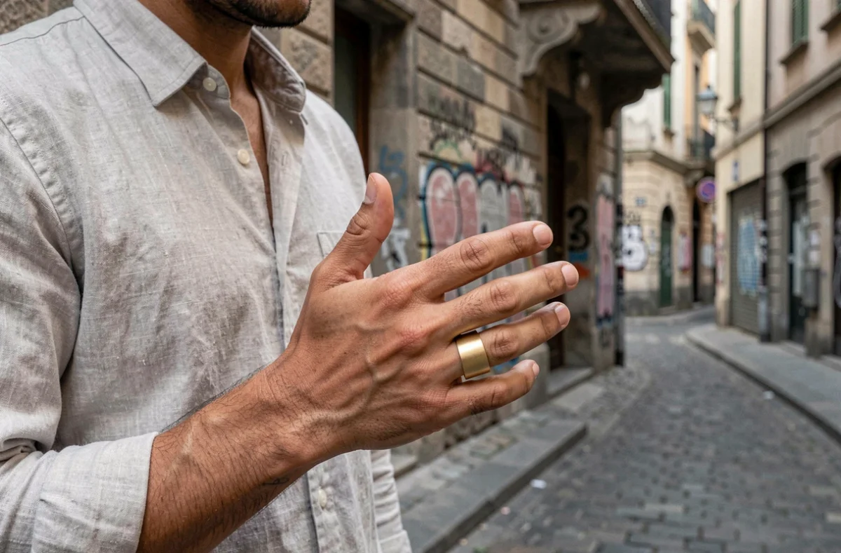 Homme portant une large bague au pouce dorée dans une rue pavée d'une ville européenne, ambiance urbaine authentique