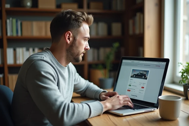 Homme consultant le plan du site d'un concessionnaire automobile sur un ordinateur portable dans un bureau à domicile