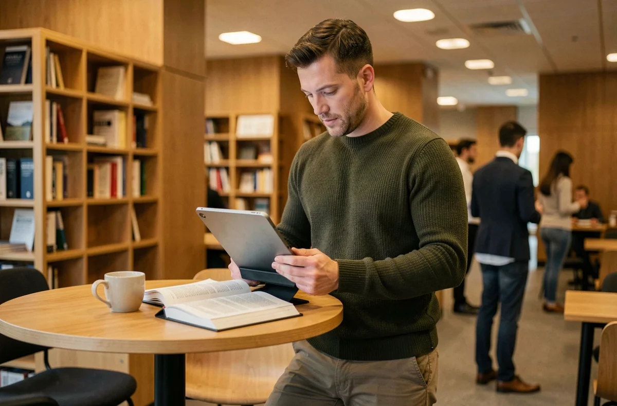 Homme concentré consultant des supports de formation business sur une tablette dans un espace lounge d'école de commerce moderne