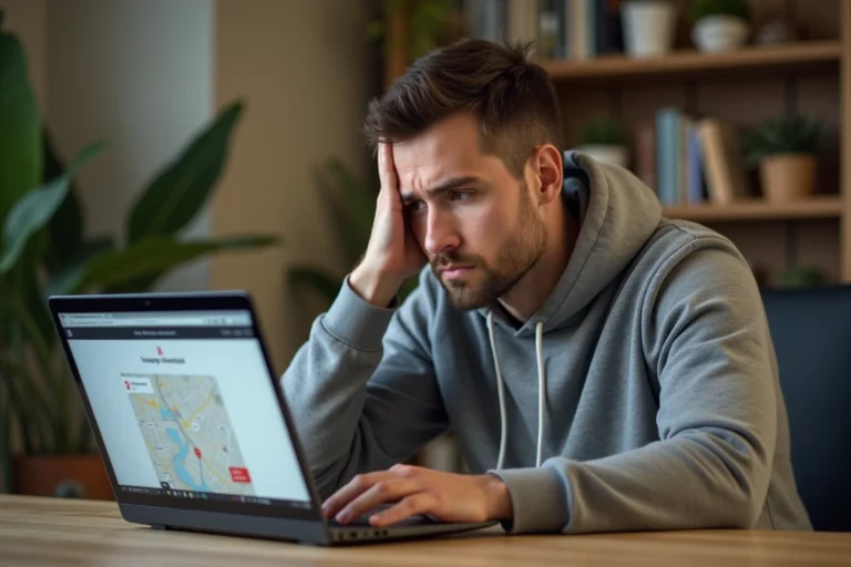 Homme frustré devant un écran d'ordinateur portable affichant une erreur de carte en ligne, assis dans un bureau à domicile moderne