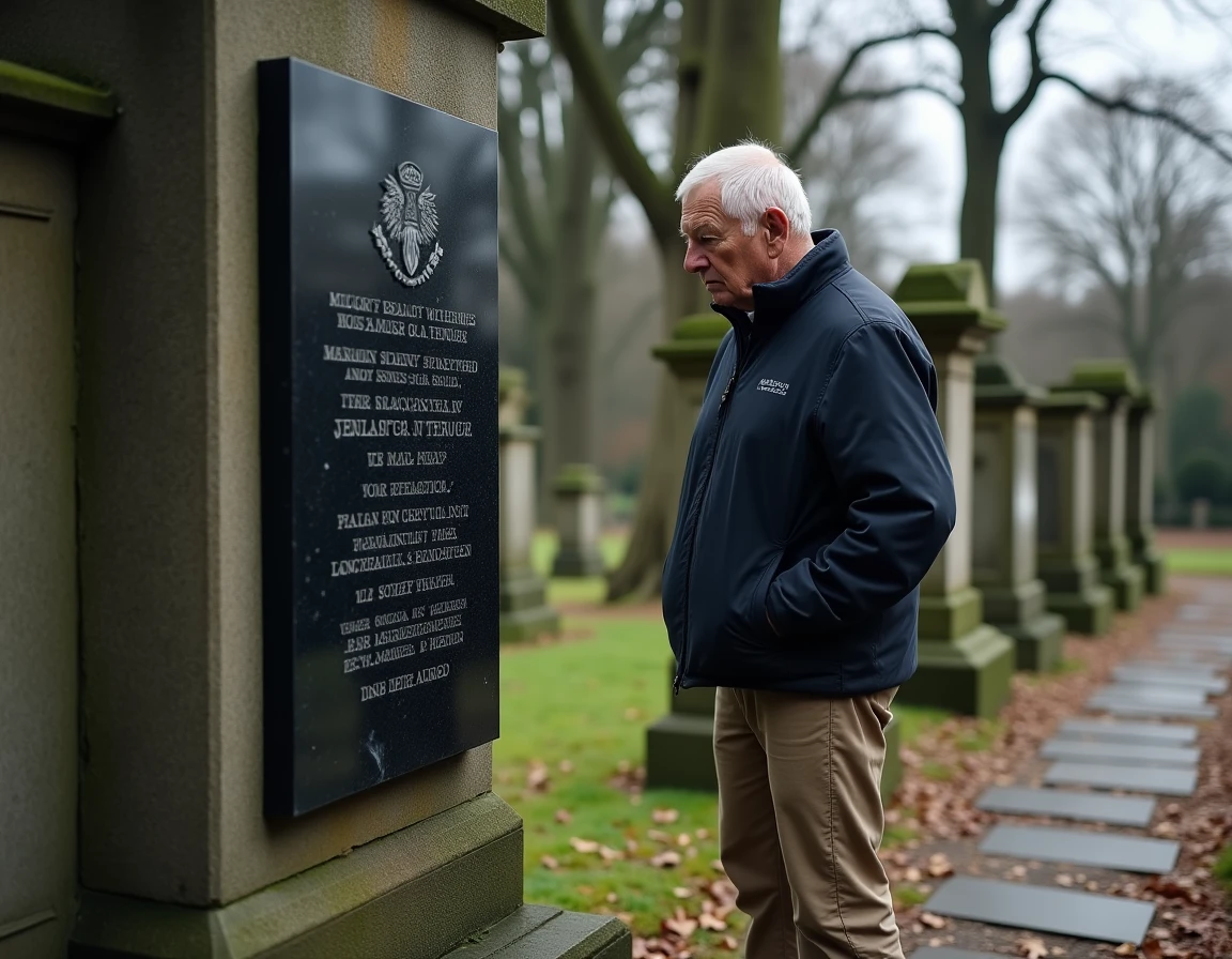 Homme lisant une plaque funéraire en granit noir dans un cimetière au milieu des pierres tombales