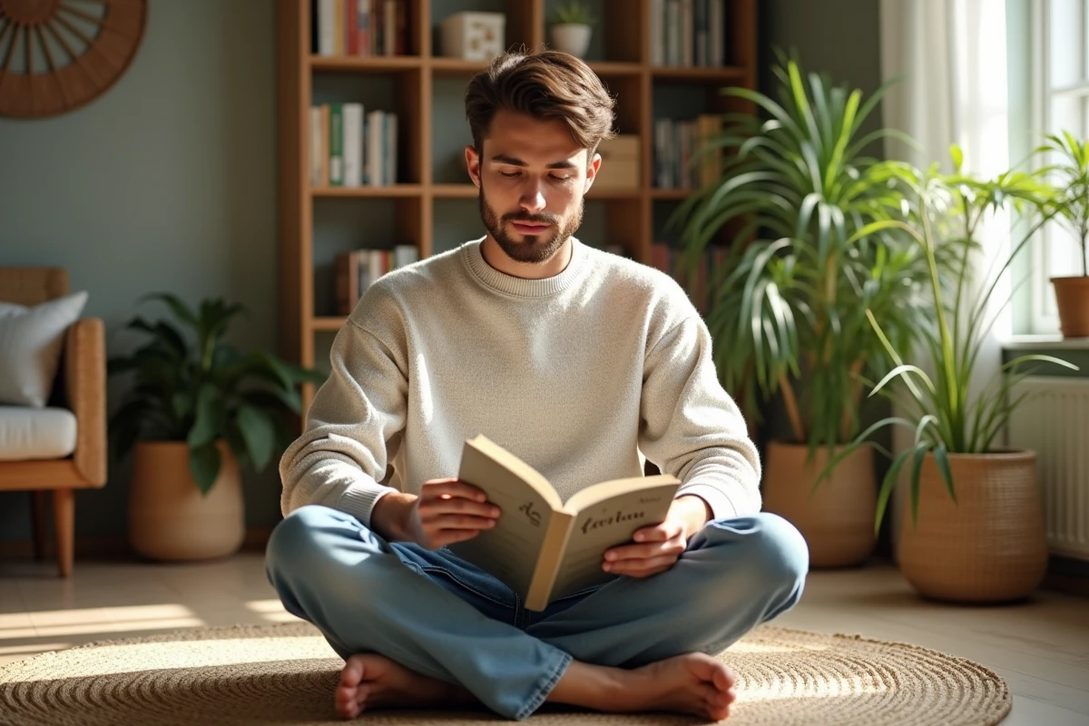 Jeune homme lisant dans un salon lumineux