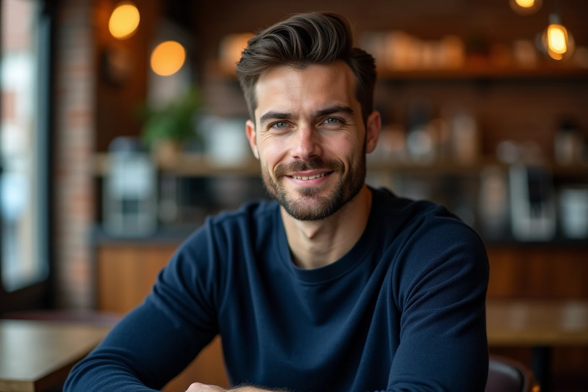 Homme séduisant aux pommettes marquées et au regard assuré photographié dans un café, illustrant les critères d'un visage masculin attractif