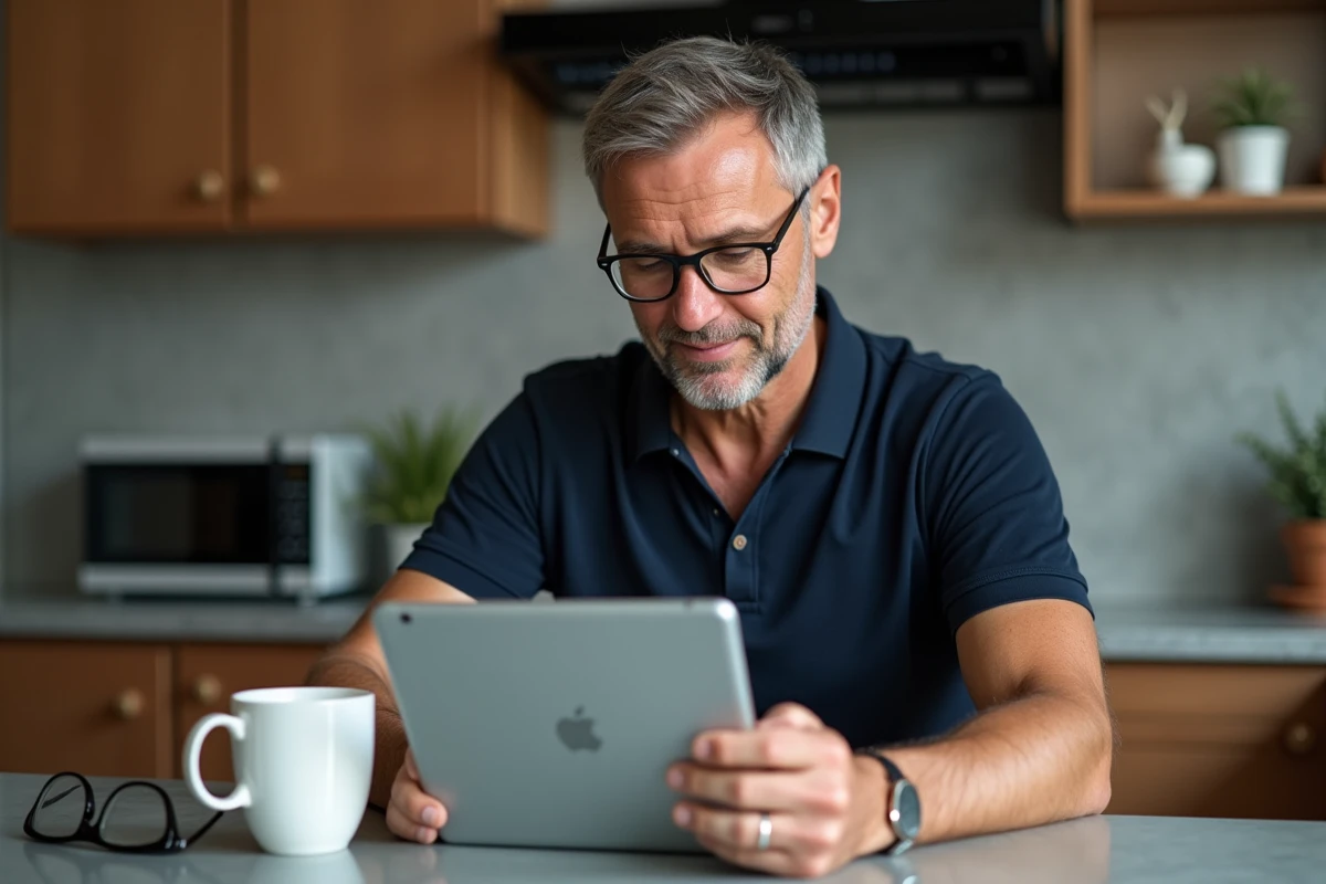 Homme d'âge moyen résolvant un problème de carte en ligne sur une tablette posée sur un comptoir de cuisine moderne