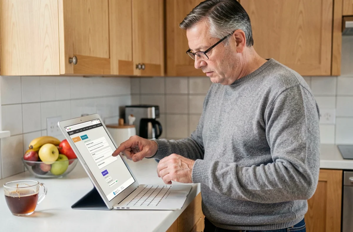 Homme utilisant une tablette pour explorer le sitemap d'une pharmacie en ligne dans sa cuisine