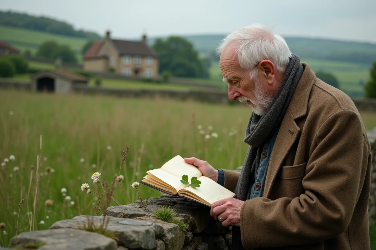 Homme âgé examinant un trèfle à cinq feuilles dans un champ