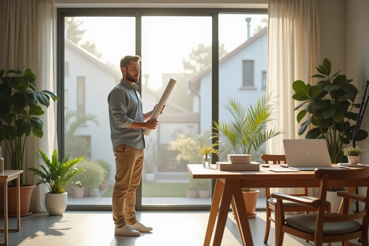 Jeune architecte tenant un plan dans un bureau lumineux