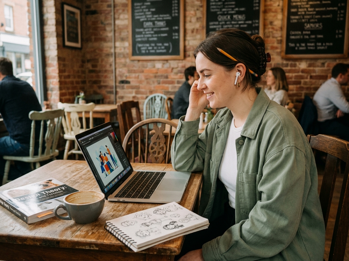 Jeune femme en design graphique travaillant dans un café indépendant, combinant outils numériques et sketchbook aquarelle pour préserver sa créativité personnelle
