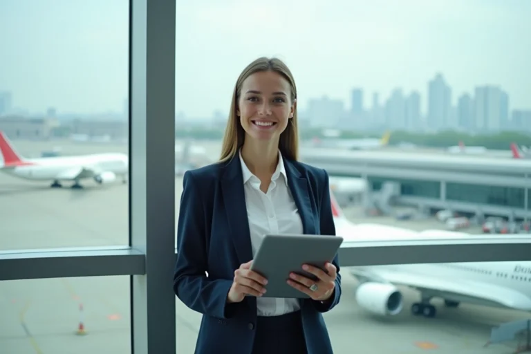 Jeune femme en tailleur navy sur un aeroport avec avions en arrière-plan