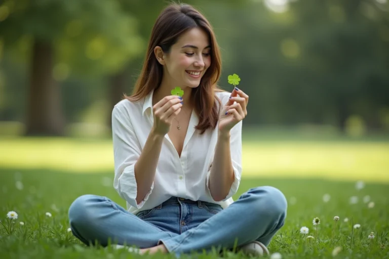 Jeune femme dans un parc tenant un trèfle à cinq feuilles