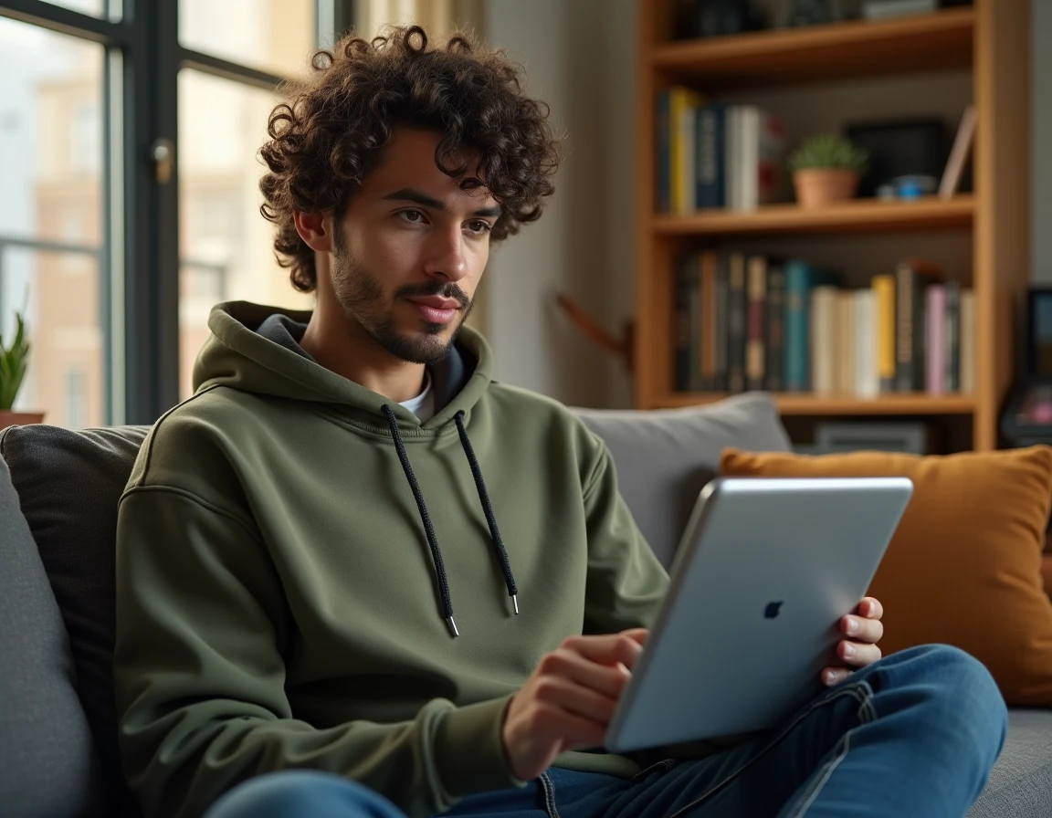 Jeune homme lisant les actualités technologiques sur une tablette dans son appartement