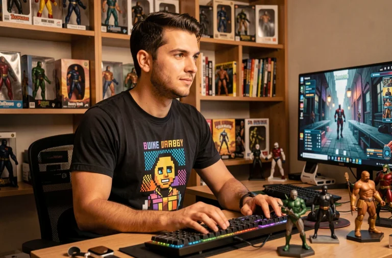 Jeune homme geek entouré de figurines et gadgets high-tech dans un bureau moderne