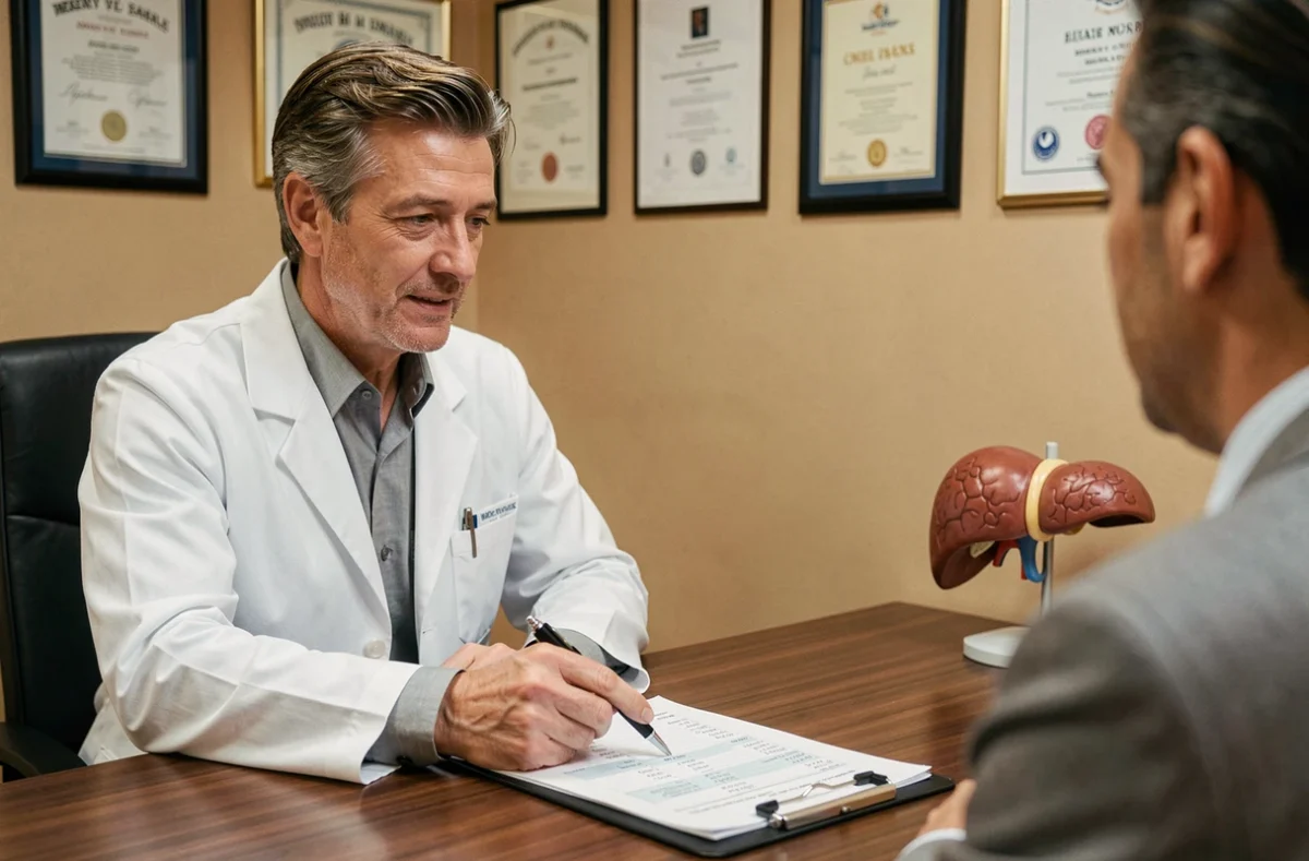 Médecin hépatologue expliquant les résultats de bilan hépatique ASAT ALAT à un patient en consultation