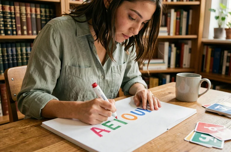 Jeune femme écrivant les voyelles A E I O U Y dans un carnet avec des marqueurs colorés, assise à un bureau en bois dans un espace d'étude cosy