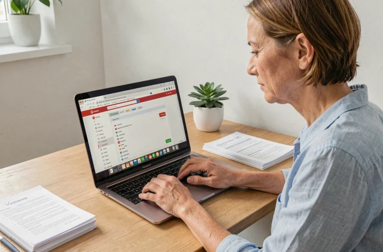 Femme naviguant sur le sitemap d'un site de pharmacie en ligne depuis un ordinateur portable à son bureau
