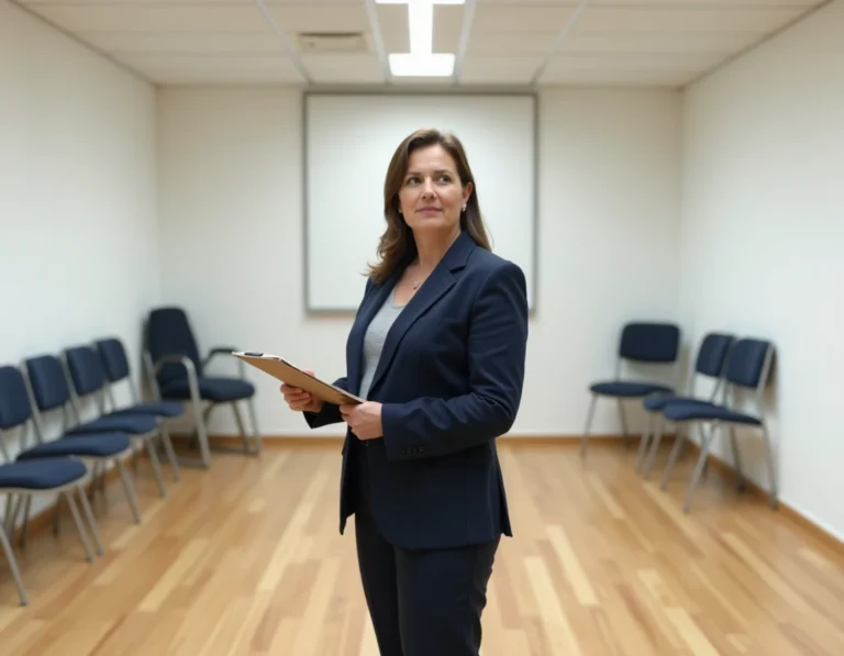 Organisatrice d'événements évaluant la capacité d'accueil d'une salle de 30 m² vide avec des chaises pliantes empilées