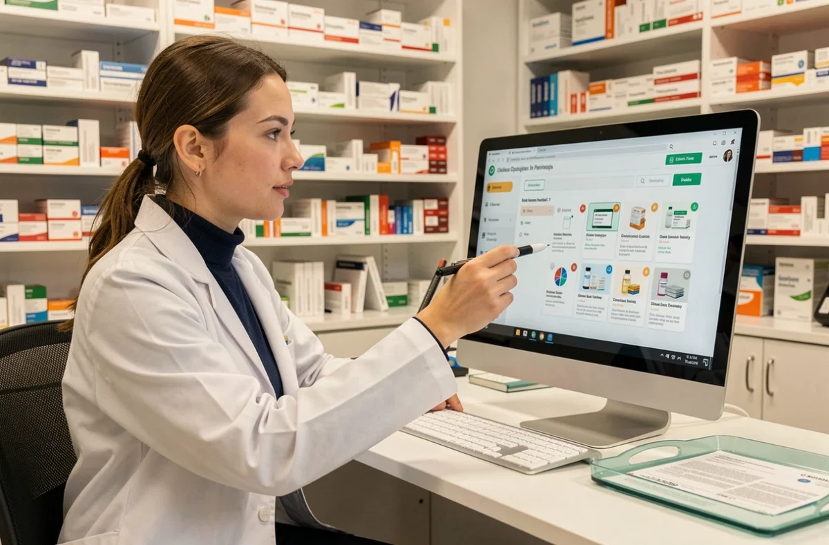 Pharmacienne en blouse blanche consultant le sitemap d'un site de pharmacie en ligne au comptoir