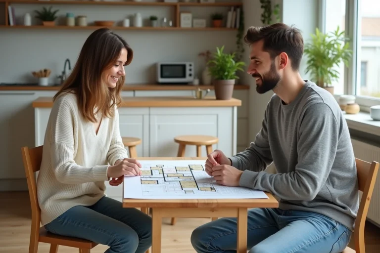 Couple examinant des plans d'architecture dans une cuisine moderne