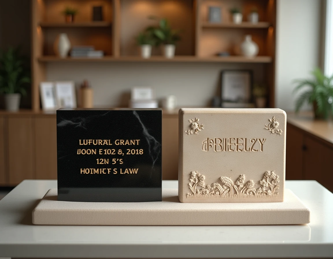 Deux plaques funéraires gravées exposées dans un showroom de pompes funèbres, granit noir et grès beige