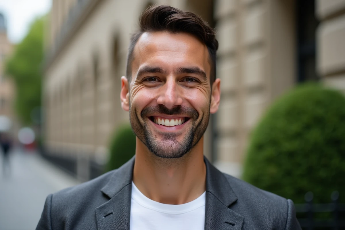 Portrait en extérieur d'un homme élégant avec des traits du visage proportionnés et harmonieux, illustrant les critères esthétiques masculins