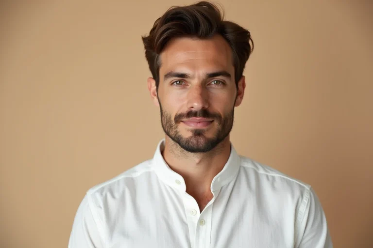 Portrait masculin en gros plan mettant en valeur un visage harmonieux avec une mâchoire bien dessinée et une symétrie faciale naturelle