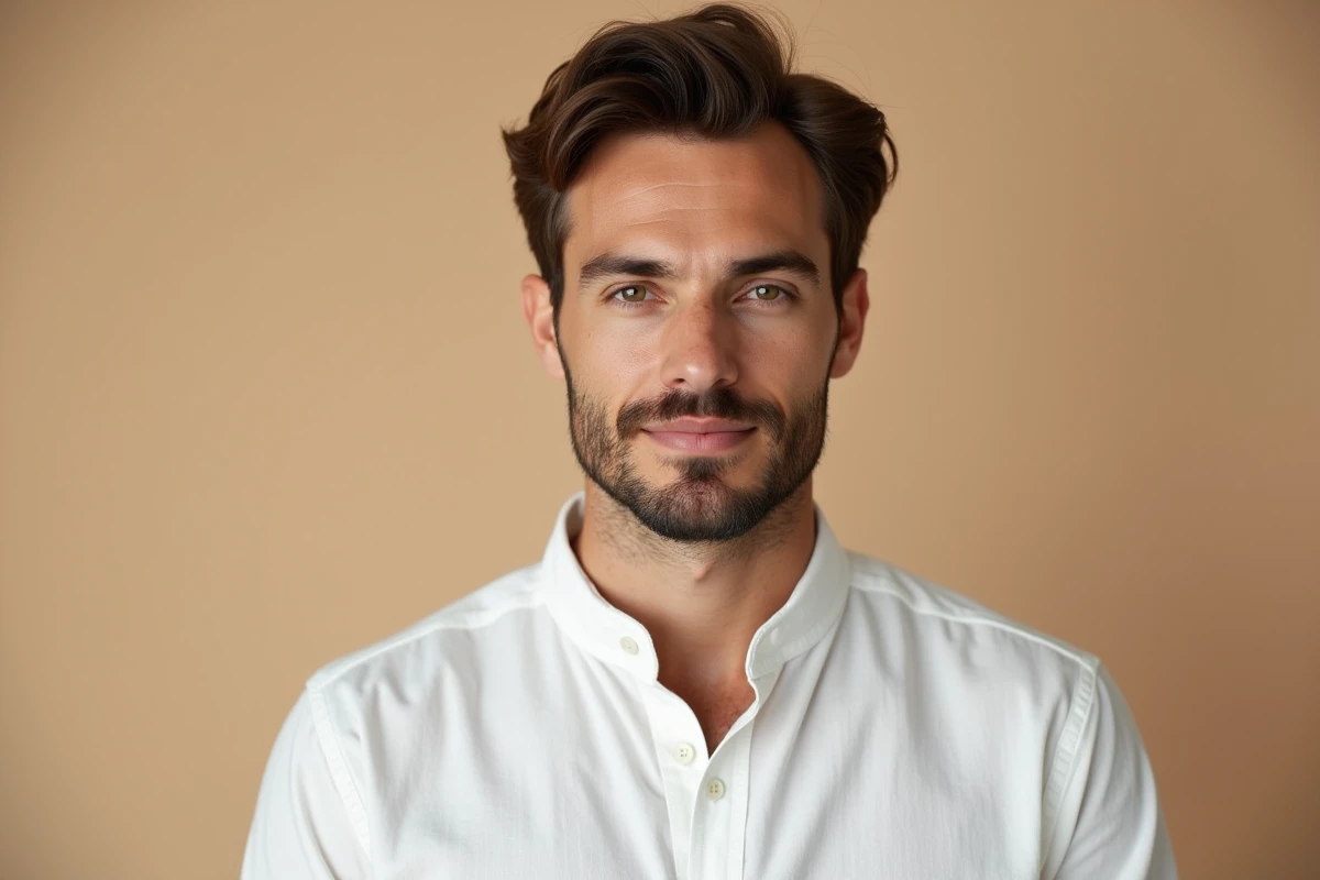 Portrait masculin en gros plan mettant en valeur un visage harmonieux avec une mâchoire bien dessinée et une symétrie faciale naturelle