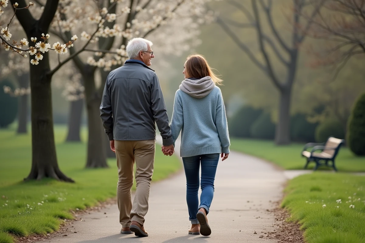 Couple marchant main dans la main dans un parc