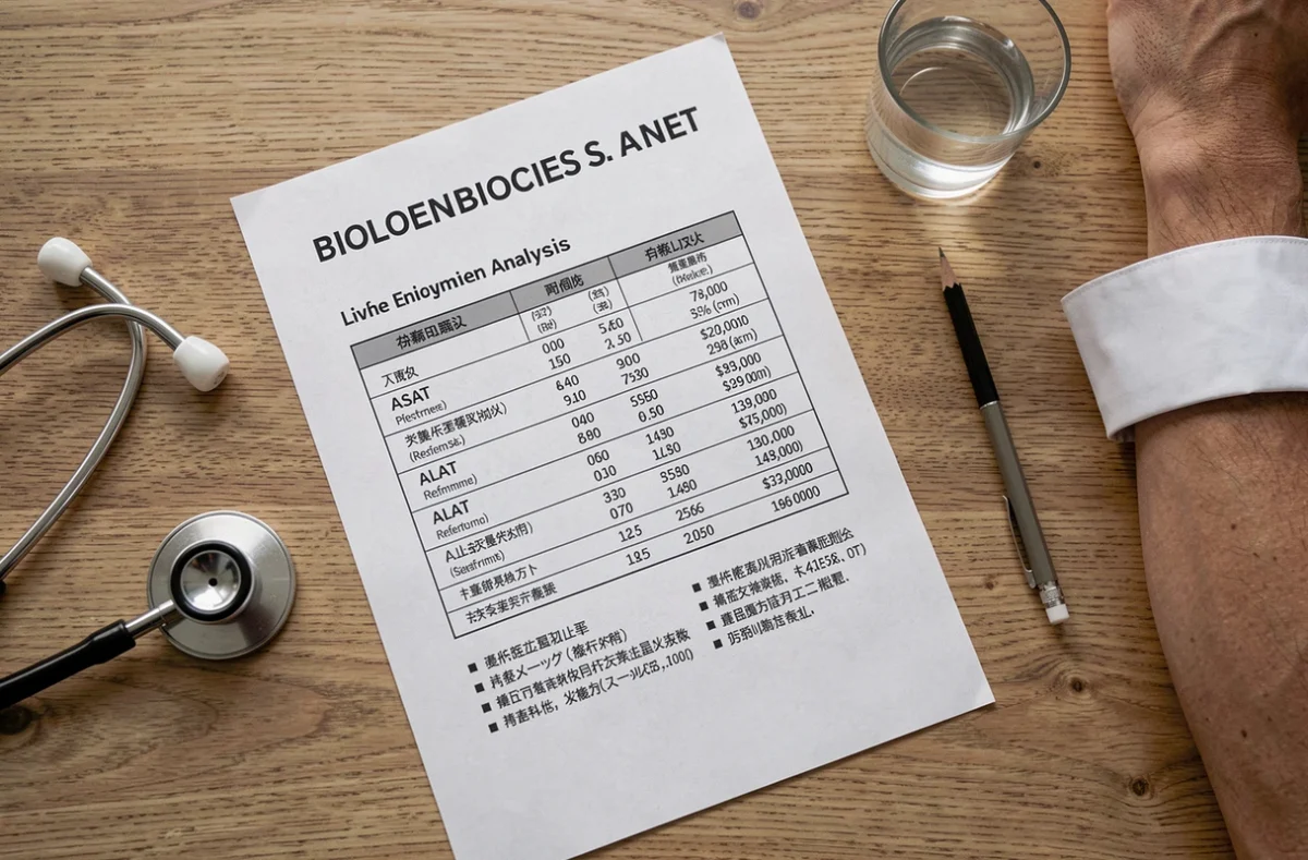 Rapport d'analyse biologique avec valeurs de transaminases ASAT et ALAT posé sur un bureau médical