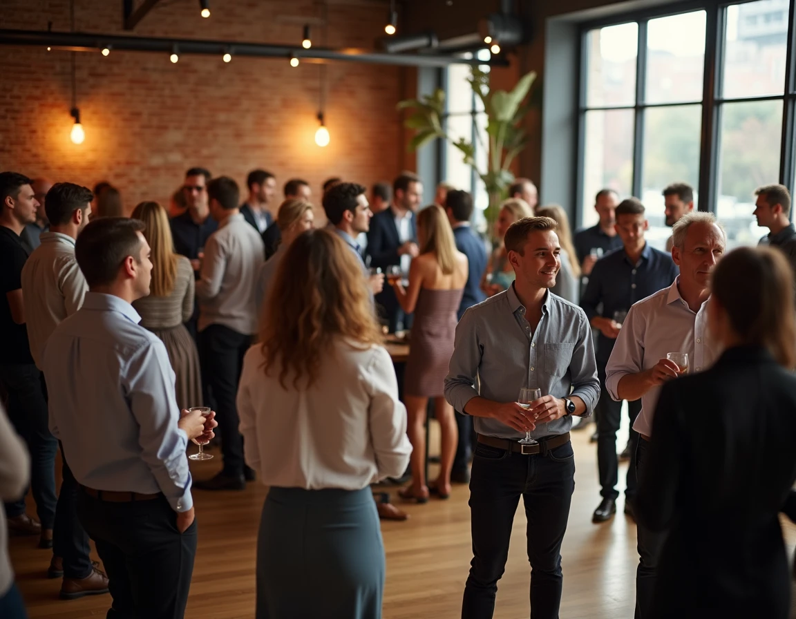 Réception cocktail avec une quinzaine de personnes debout dans une salle polyvalente de 30 m² avec tables hautes