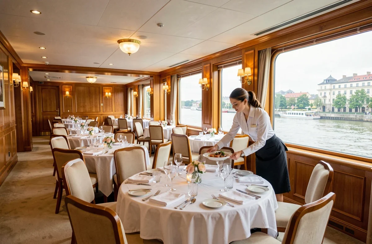 Salle à manger élégante d'un bateau de croisière fluviale avec vue panoramique sur les rives