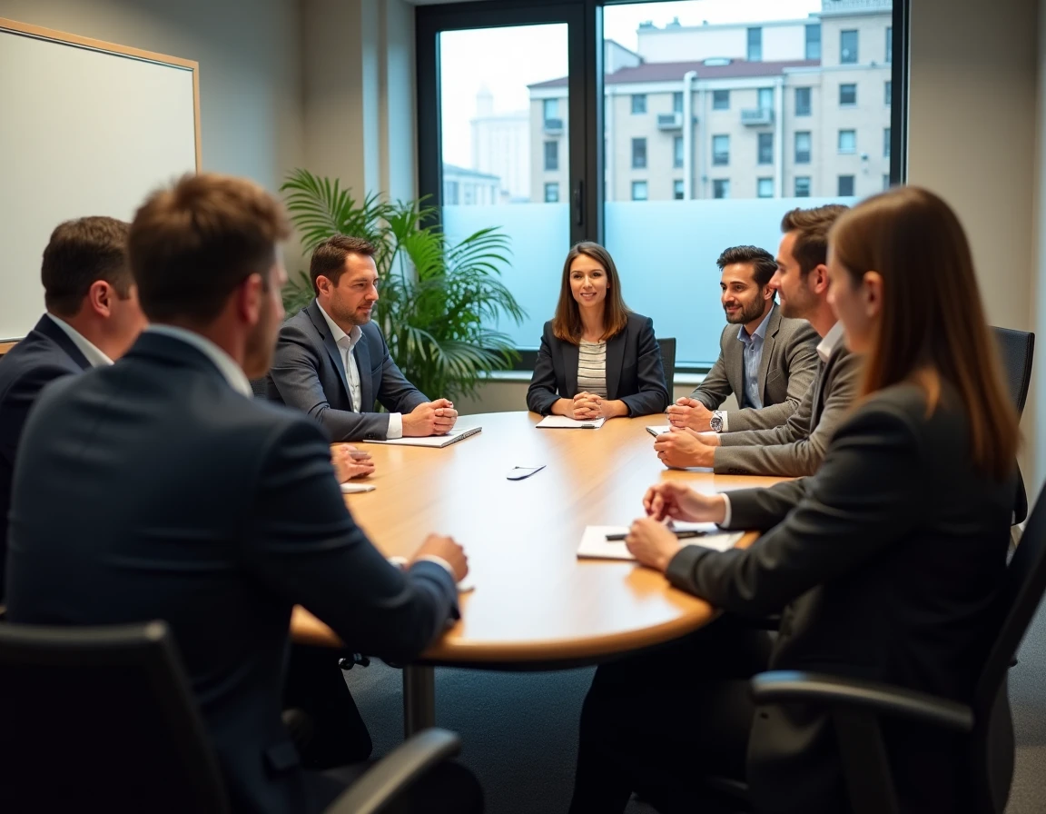 Groupe de huit personnes réunies autour d'une table dans une petite salle de réunion de 30 m² en configuration professionnelle