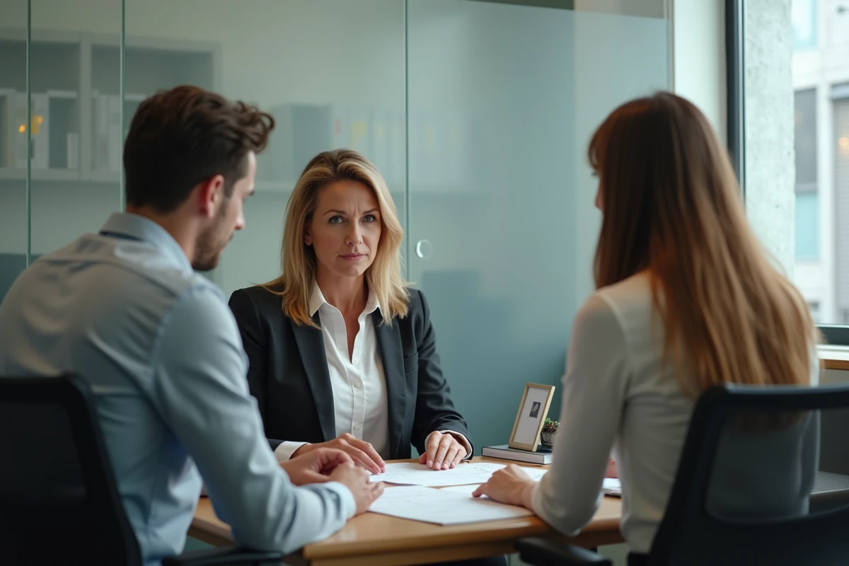 Travailleuse sociale rencontrant un couple dans un bureau