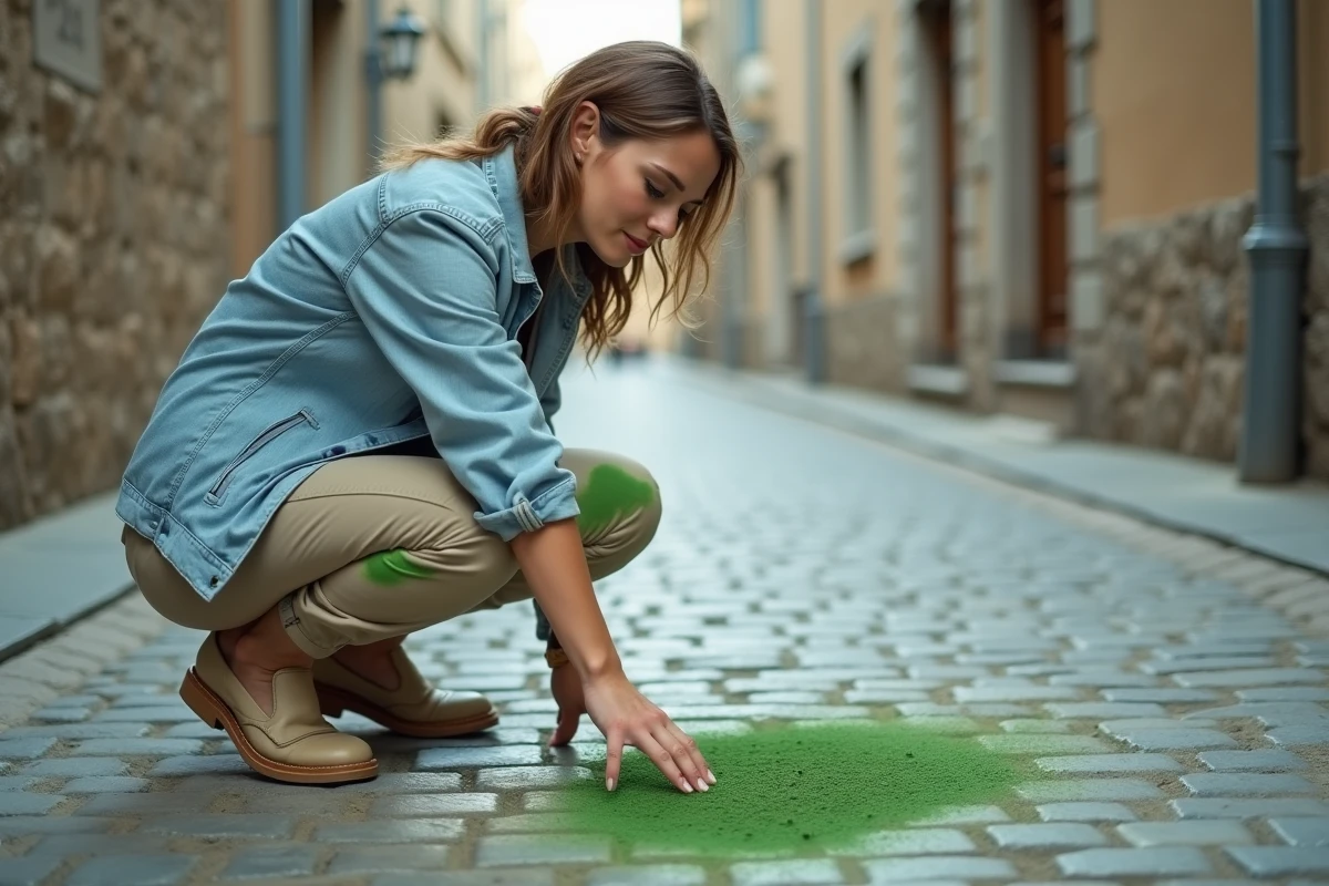 Femme examinant une tache verte de fumigène sur des pavés, résidu coloré visible sur son pantalon et le sol