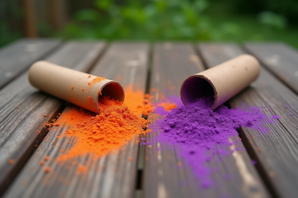 Résidus de poudre colorée de fumigènes sur une table en bois, taches orange et violettes visibles après utilisation