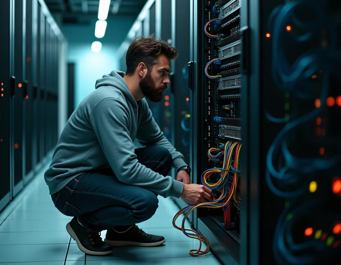 Technicien informatique inspectant un rack de serveurs dans un centre de données professionnel