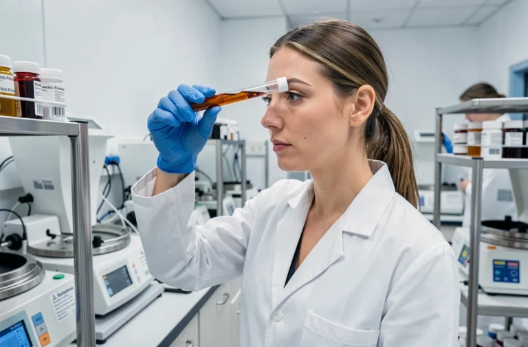 Technicienne de laboratoire analysant un tube de prise de sang pour mesurer les transaminases ASAT et ALAT