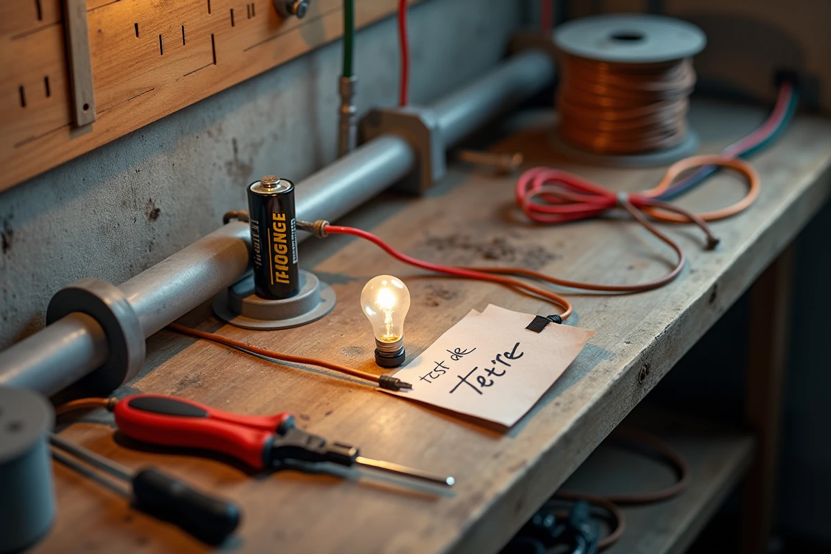 Montage artisanal de test de mise à la terre avec batterie, LED et fil de cuivre sur un établi de cave