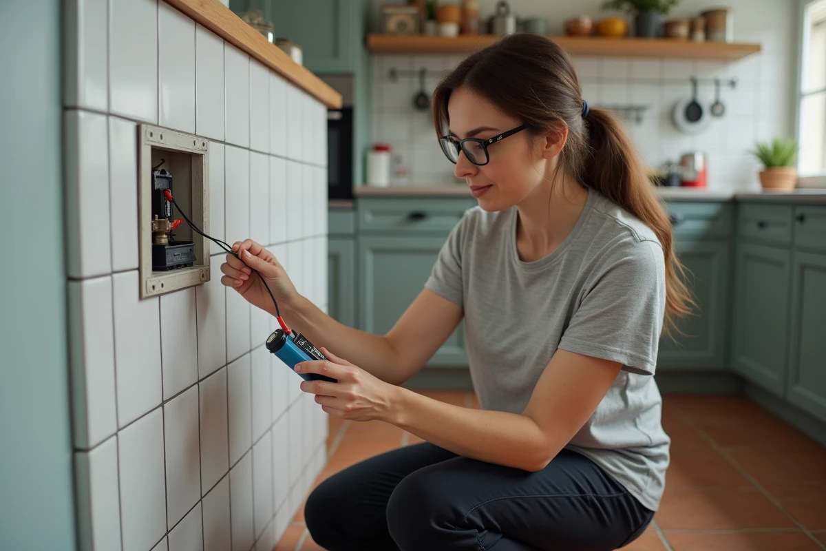 Femme testant la terre d'un tableau électrique avec un testeur artisanal dans une cuisine