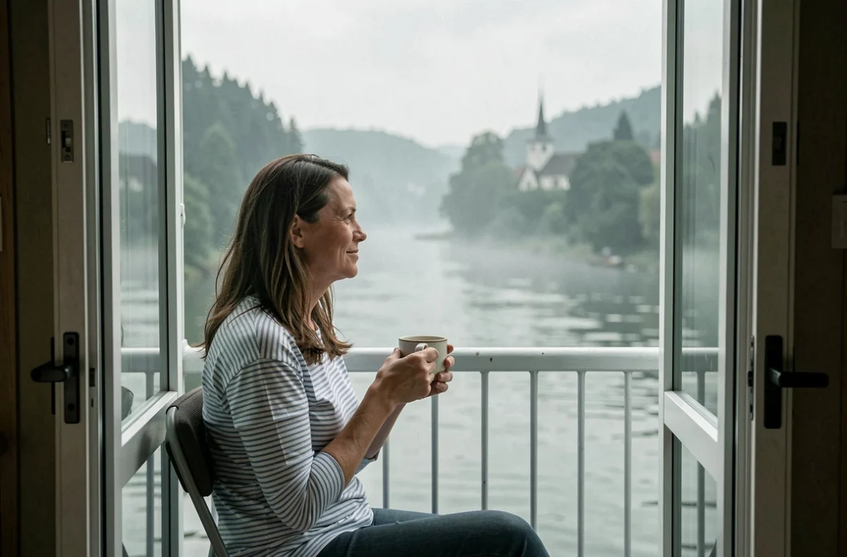 Voyageuse seule savourant son café sur le balcon privé d'une cabine de croisière fluviale au lever du jour